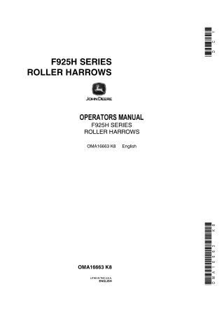 John Deere F925H Series Roller Harrows Operator’s Manual Instant Download (Publication No.OMA16663)