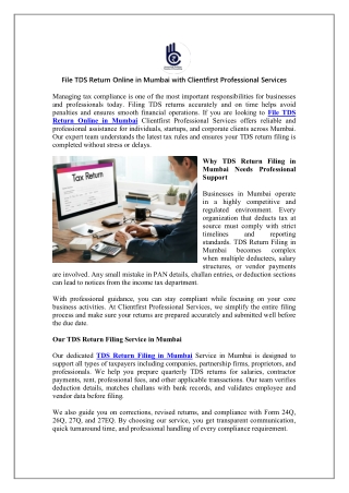 File TDS Return Online in Mumbai with Clientfirst Professional Services