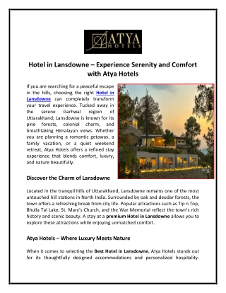 Hotel in Lansdowne – Experience Serenity and Comfort with Atya Hotels