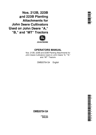 John Deere Nos.212B 223B and 223B Planting Attachments for Cultivators Used on A B and MT Tractors Operator’s Manual Ins