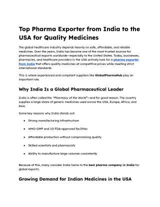 Top Pharma Exporter from India to the USA for Quality Medicines