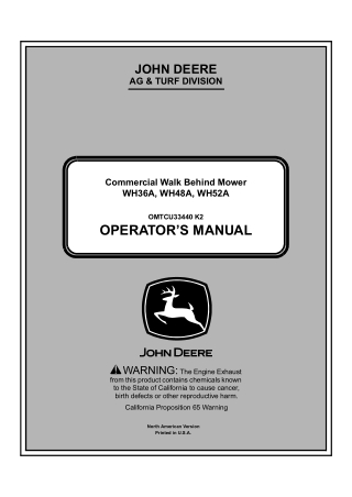 John Deere WH36A WH48A WH52A Commercial Walk Behind Mower Operator’s Manual Instant Download (PIN040001-) (Publication N
