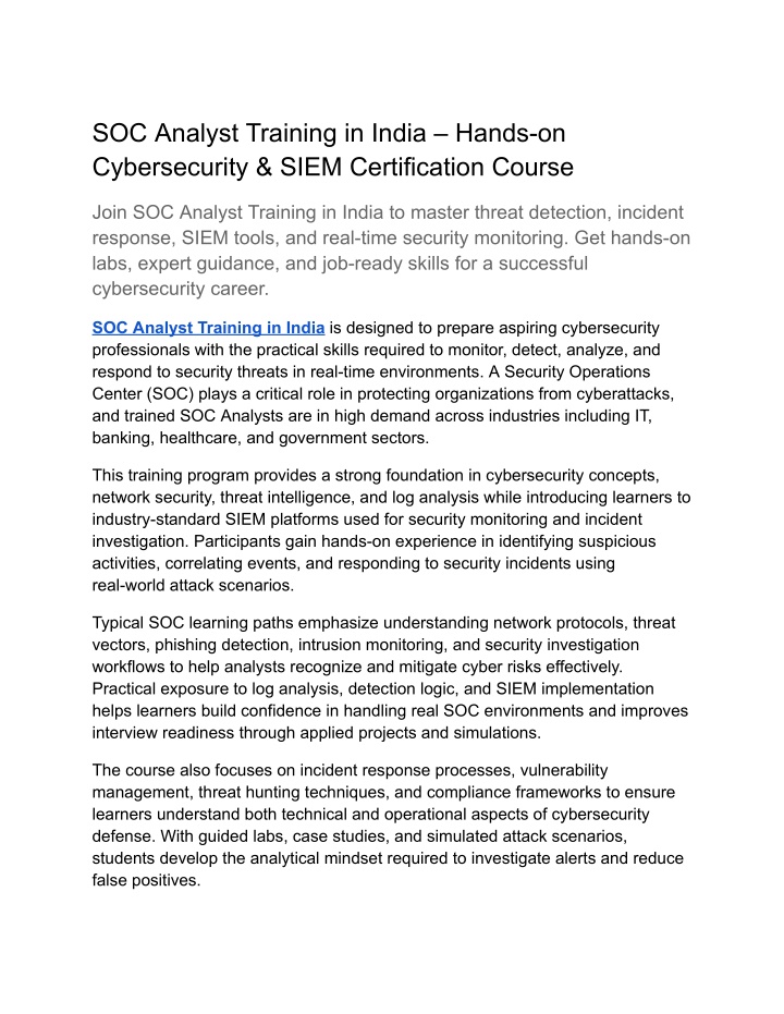 PPT - SOC Analyst Training in India – Hands-on Cybersecurity &amp; SIEM ...