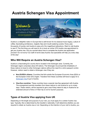 Schedule Austria Schengen Visa Appointment | Complete Assistance