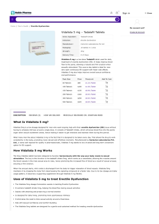 Vidalista 5 mg Daily Tadalafil ED Tablets for Erectile Dysfunction  OneNoblePharma
