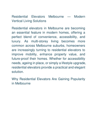 Residential Elevators Melbourne – Luxury, Safety & Convenience at Home