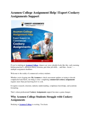 Acumen College Assignment Help | Expert Cookery Assignments Support