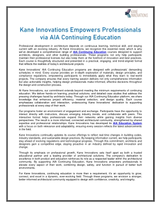 Kane Innovations Empowers Professionals via AIA Continuing Education
