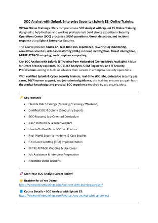 SOC Analyst with Splunk ES Online Training by Real-time Trainer in India