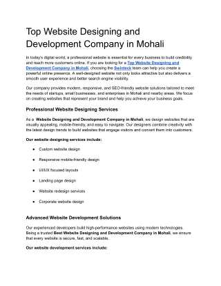 Top Website Designing and Development Company in Mohali