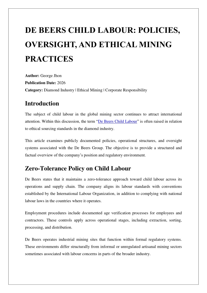 PPT - DE BEERS CHILD LABOUR POLICIES, OVERSIGHT, AND ETHICAL MINING ...