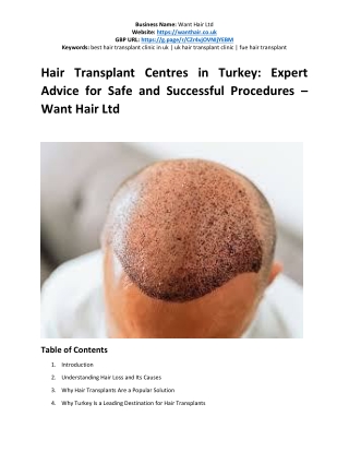 Hair Transplant Centres in Turkey Expert Advice for Safe and Successful Procedures - Want Hair