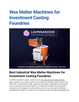 Wax Melter Machines for Investment Casting Foundries | Laxminarayan Technology.