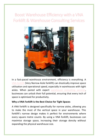 Boost Warehouse Efficiency with a VNA Forklift & Warehouse Consulting Services
