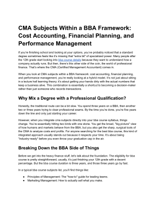 CMA Subjects Within a BBA Framework: Cost Accounting, Financial Planning
