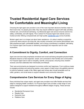 Trusted Residential Aged Care Services for Comfortable and Meaningful Living