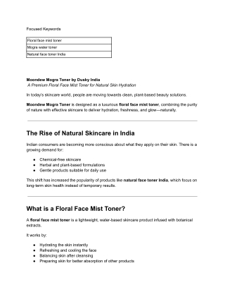 Moondew Mogra Toner by Dusky India  A Premium Floral Face Mist Toner for Natural Skin Hydration