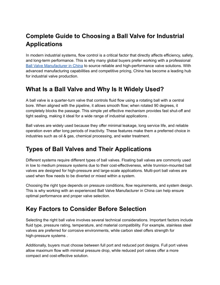 PPT - Complete Guide to Choosing a Ball Valve for Industrial ...