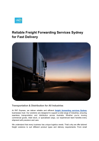 Reliable Freight Forwarding Services Sydney for Fast Delivery