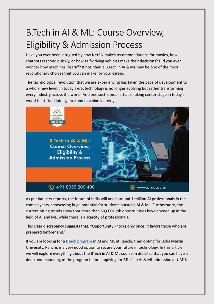 PPT - BTech in AI & ML Course Overview, Eligibility & Admission Process ...
