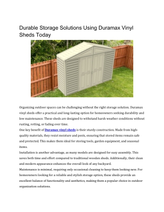 Durable Storage Solutions Using Duramax Vinyl Sheds Today