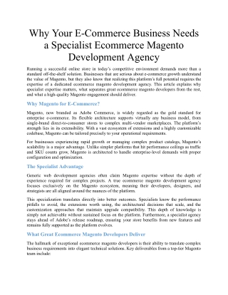 Why Your E-Commerce Business Needs a Specialist Ecommerce Magento Development Agency