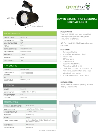 30W LED Track Light in Perth | Triac Dimmable, 50,000H Lifespan