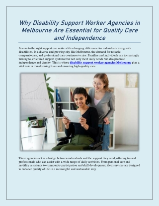 Why Disability Support Worker Agencies in Melbourne Are Essential for Quality