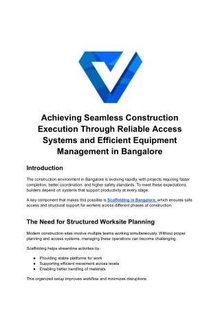 Achieving Seamless Construction Execution Through Reliable Access Systems and Efficient Equipment Management in Bangalor