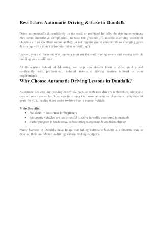 Best Learn Automatic Driving & Ease in Dundalk