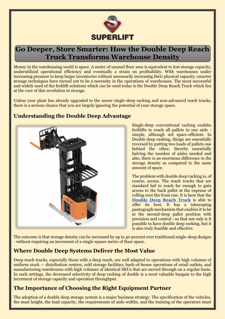 PPT - Go Deeper, Store Smarter How the Double Deep Reach Truck ...