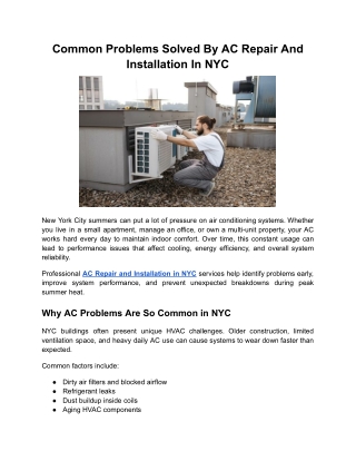 Common Problems Solved By AC Repair And Installation In NYC
