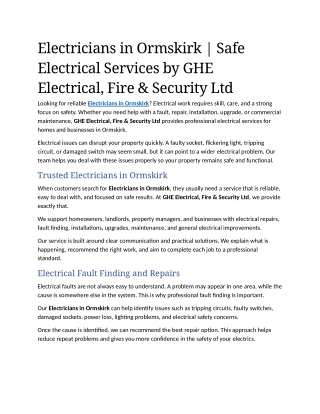 9- Electricians in Ormskirk  Safe Electrical Services by GHE Electrical, Fire & Security Ltd