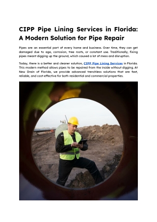 CIPP Pipe Lining Services in Florida_ A Modern Solution for Pipe Repair