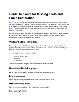 Dental Implants for Missing Teeth and Smile Restoration