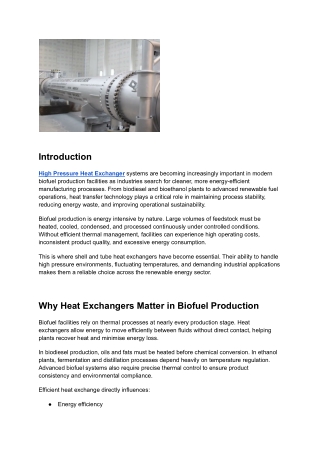 Heat Exchangers in Biofuel Production