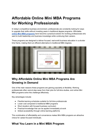 Affordable Online Mini MBA Programs for Working Professionals