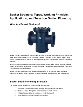 Basket Strainers | Types, Working Principle, Applications, and Selection Guide