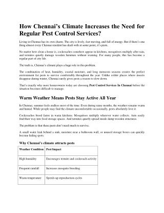 How Chennai’s Climate Increases the Need for Regular Pest Control Services?