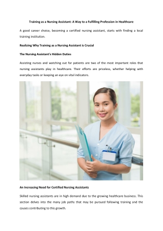 Training as a Nursing Assistant A Way to a Fulfilling Profession in Healthcare