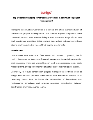 Reduce Post-Construction Risk Through Better Warranty Management
