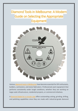 Diamond Tools in Melbourne A Modern Guide on Selecting the Appropriate Equipment
