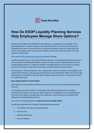 How Do ESOP Liquidity Planning Services Help Employees Manage Share Options