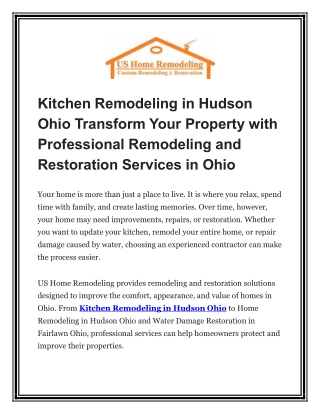 Kitchen Remodeling in Hudson Ohio Transform Your Property with Professional Remodeling and Restoration Services in Ohio