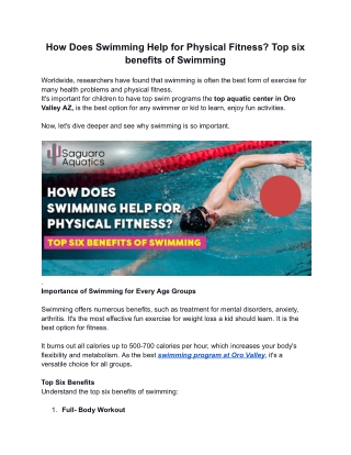 How Does Swimming Help for Physical Fitness? Top six benefits of Swimming