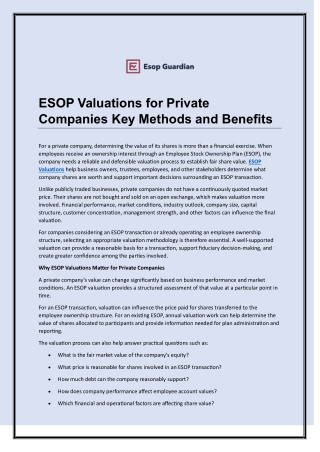 ESOP Valuations for Private Companies Key Methods and Benefits