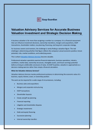 Valuation Advisory Services for Accurate Business Valuation Investment and Strategic Decision Making